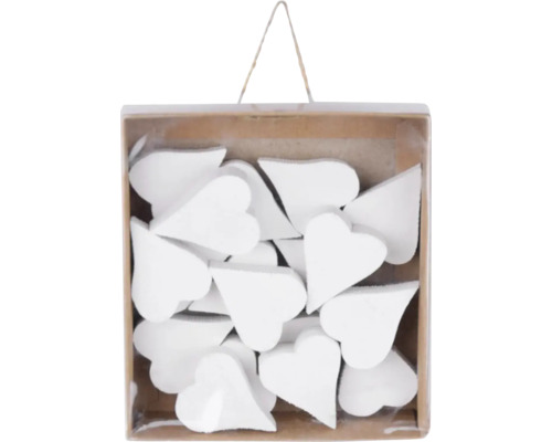 Přízdoba srdce dřevěná 3 x 4 x 1 cm bílá Dekorativní dřevěná srdce v úložném boxu