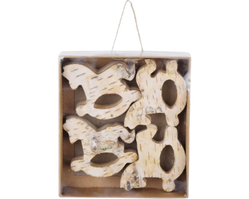 Přízdoba houpací koník dřevěná krémová Dekorativní dřevěné figurky ve tvaru koně a písmene v kartonové krabici