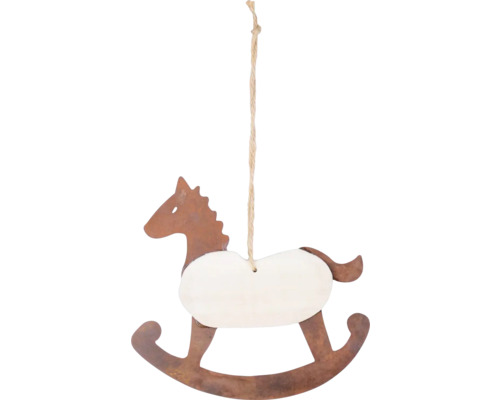 Vánoční ozdoba kovový houpací koník hnědý Dekorativní kovový houpací koník k zavěšení s jutovým provázkem