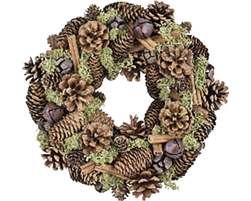 Dekorativní věnec z borových šišek, mechu, skořice a zvonků