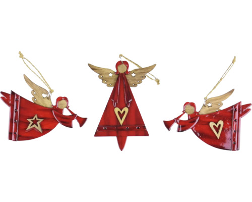 Závěs anděl s trubkou červený Tři dřevěné ozdoby na vánoční stromeček, anděl s motivem srdce a hvězdy