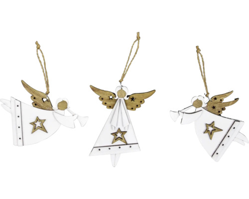 Anděl závěsný s trubkou 10 x 10 x 0,5 cm bílý Tři andělé z dřevěných vánočních ozdob s hvězdou