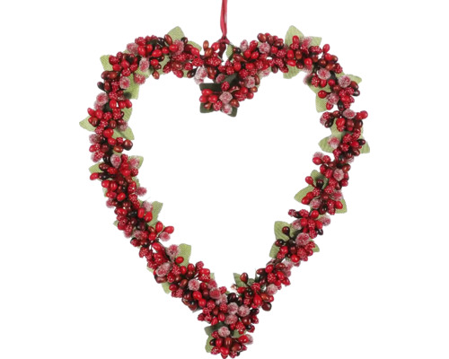 Srdce závěsné s bobulemi 16 x 13 cm ojíněné červené