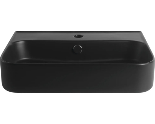 Černé keramické umyvadlo s otvorem pro baterii a přepadem