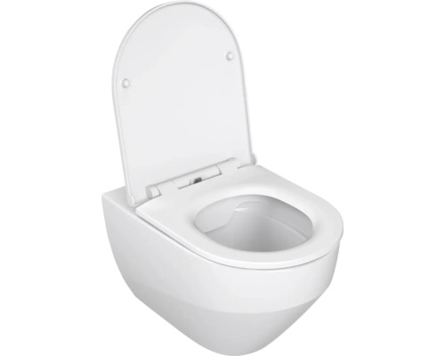 Závěsné WC s hlubokým splachováním, otevřeným splachovacím kruhem a WC sedátkem