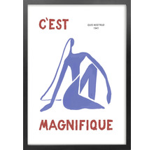 Zarámovaný plakát s abstraktním vyobrazením ženy a francouzským textem