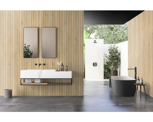 Sprchová zástěna Rock the Wall dřevěná Lightwood 265 x 123 cm SPC4R137FN Moderní koupelna s umyvadlem, zrcadly, vanou a venkovní sprchou