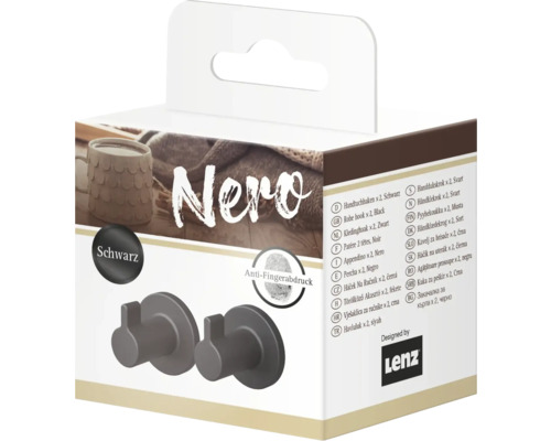 Nero háčky na ručníky, dva kusy, černé, pro montáž na stěnu