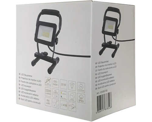 Balení LED stavebního reflektoru s detaily produktu