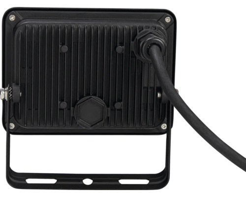 Zadní pohled na LED reflektor s chladicími žebry a kabelem