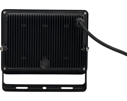 LED reflektor s chladicími žebry a kabelovou přípojkou.