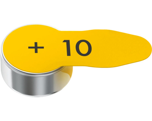Knoflíková baterie se žlutou nálepkou a znaménkem plus a číslem 10