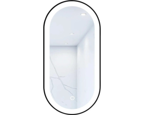 Oválné LED zrcadlo do koupelny s osvětlením Oval 100 x 50 cm v černém rámu s vypínačem a podložkou proti zamlžení