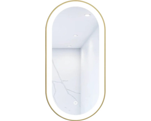 Oválné LED zrcadlo do koupelny s osvětlením Oval 100 x 50 cm v zlatém rámu s vypínačem a podložkou proti zamlžení