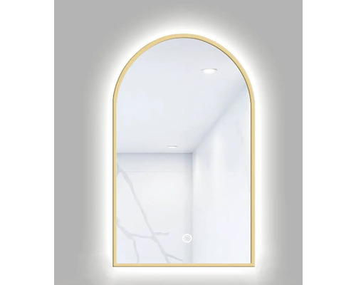 LED zrcadlo do koupelny s osvětlením Portal 80 x 50 cm v zlatém rámu s vypínačem a podložkou proti zamlžení