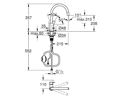 Rozměrový výkres kuchyňské baterie s rozměry výšky, průměru a úhlů