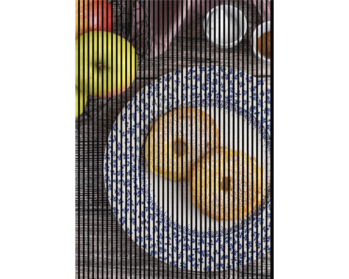 Designový akustický panel DIGI05X 1693x19x2400 mm Dvě koblihy na talíři s ovocem.