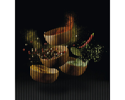 Designový akustický panel DIGI05H 2253x19x2400 mm Dřevěné misky s různým kořením, jako je pepř, kurkuma a chilli.