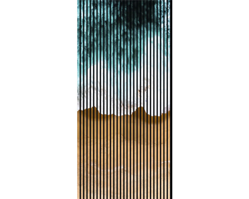 Designový akustický panel DIGI05D 1133x19x2400 mm Dekorativní nástěnný obraz s motivem pláže a moře za černými pruhy