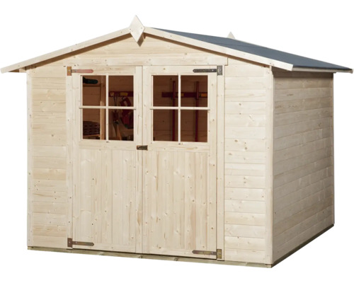 Zahradní domek ze dřeva s dvoukřídlými dveřmi a okny