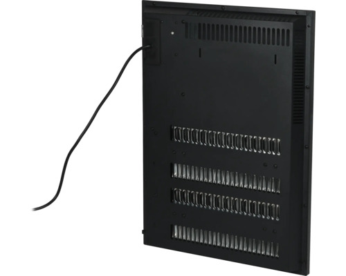 Zadní pohled na elektrický topný panel s větracími otvory a napájecím kabelem.