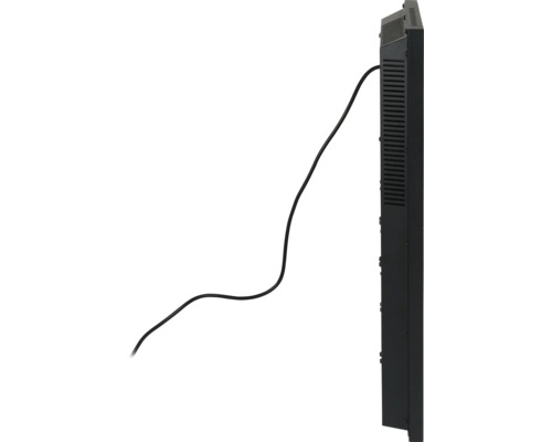 Boční pohled na černý radiátor s připojovacím kabelem