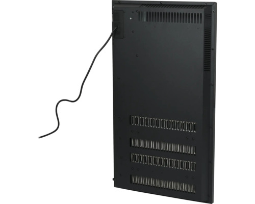 Zadní strana elektrického topení s napájecím kabelem a větracími otvory