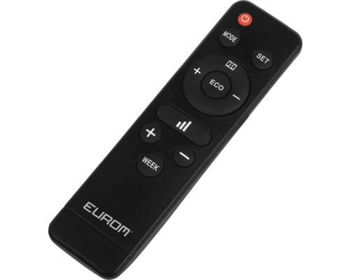 Černé dálkové ovládání Eurom s různými tlačítky.