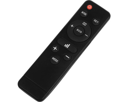 Černé dálkové ovládání s různými tlačítky.