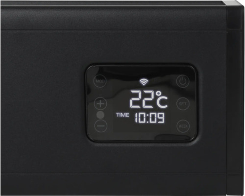Černý termostat s digitálním zobrazením teploty a času