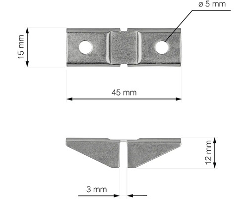 Kovový konektor o rozměrech 45 krát 15 milimetrů a průměru otvoru 5 milimetrů