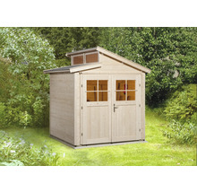 Dřevěný zahradní domek s dvoukřídlými dveřmi a světlíkem na zahradě