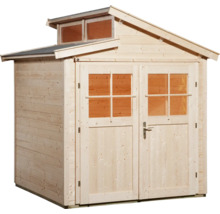 Dřevěný zahradní domek s dvoukřídlými dveřmi a okny