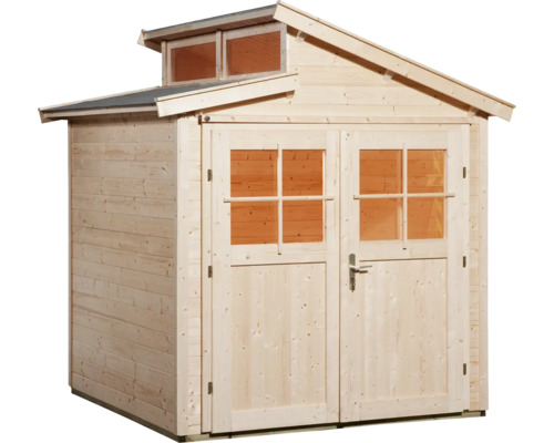 Dřevěný zahradní domek s dvoukřídlými dveřmi a okny