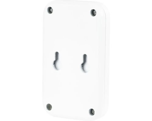 Zadní strana obdélníkového, bílého zařízení se šrouby a otvory pro zavěšení