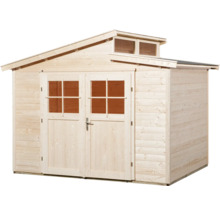 Dřevěný zahradní domek s dvoukřídlými dveřmi a světlíkem