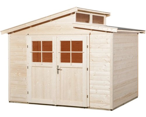 Dřevěný zahradní domek s dvoukřídlými dveřmi a světlíkem