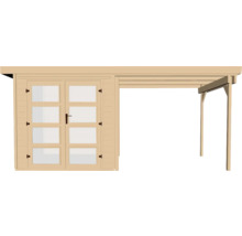 Dřevěný zahradní domek s dvoukřídlými dveřmi a verandou