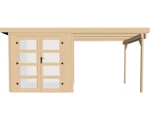 Dřevěný zahradní domek s dvoukřídlými dveřmi a verandou