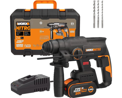 Aku vrtací kladivo s příklepem WORX Nitro 20V 2 Joule WX381, bezuhlíkový motor, včetně aku 1 x 4Ah, nabíječky a kufru