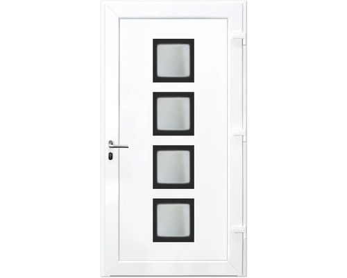 Bílé vchodové dveře se čtyřmi čtvercovými skleněnými výplněmi