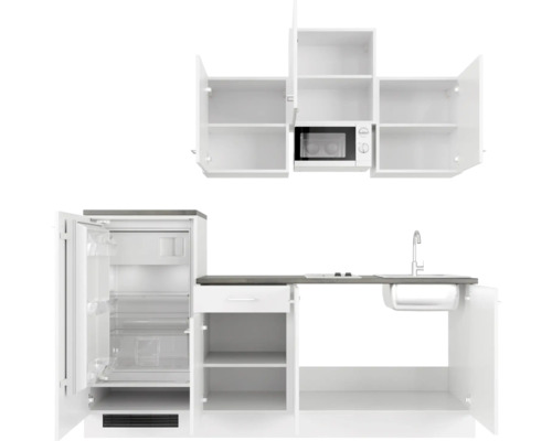 Kuchyňská linka s dřezem, lednicí a mikrovlnnou troubou