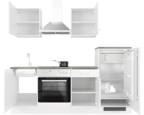 Kuchyňská linka s dřezem, sporákem, digestoří a lednicí