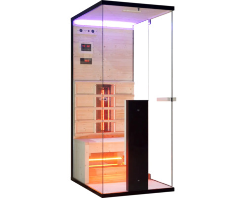 Vnitřní pohled na infračervenou saunu s dřevěným obložením a skleněnými prvky