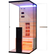Infračervená sauna se skleněnými prvky a dřevěným obložením