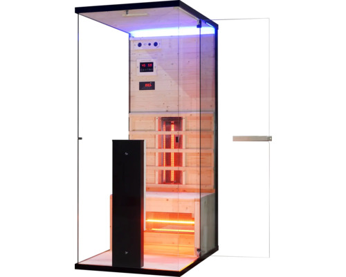 Infračervená sauna se skleněnými prvky a dřevěným obložením