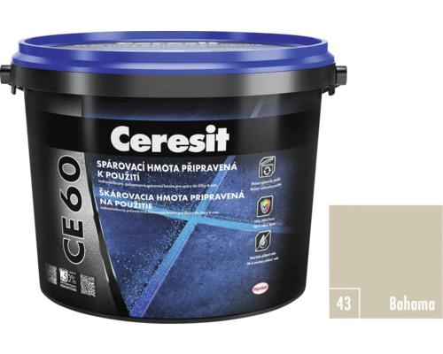 Ceresit CE 60 spárovací hmota připravená k použití v kbelíku s barevným vzorkem Bahama