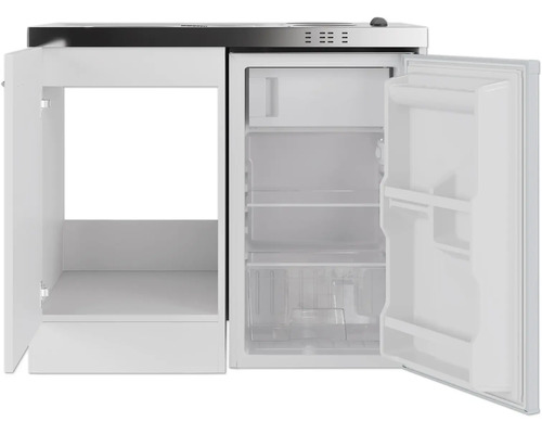 Minikuchyň s chladničkou a otevřenou skříňkou