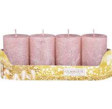 Čtyři růžové sloupové svíčky v kartonové krabici