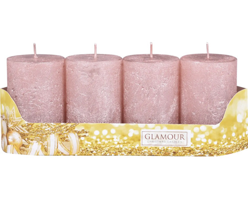 Čtyři růžové sloupové svíčky v kartonové krabici